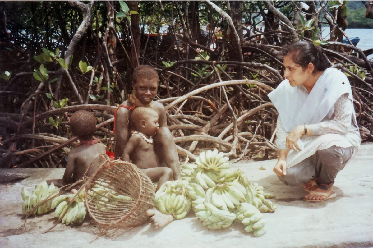 Dr Madhumala Chattopadhyay in the field with Andaman tribes, following up on health status after the 1999 tsunami